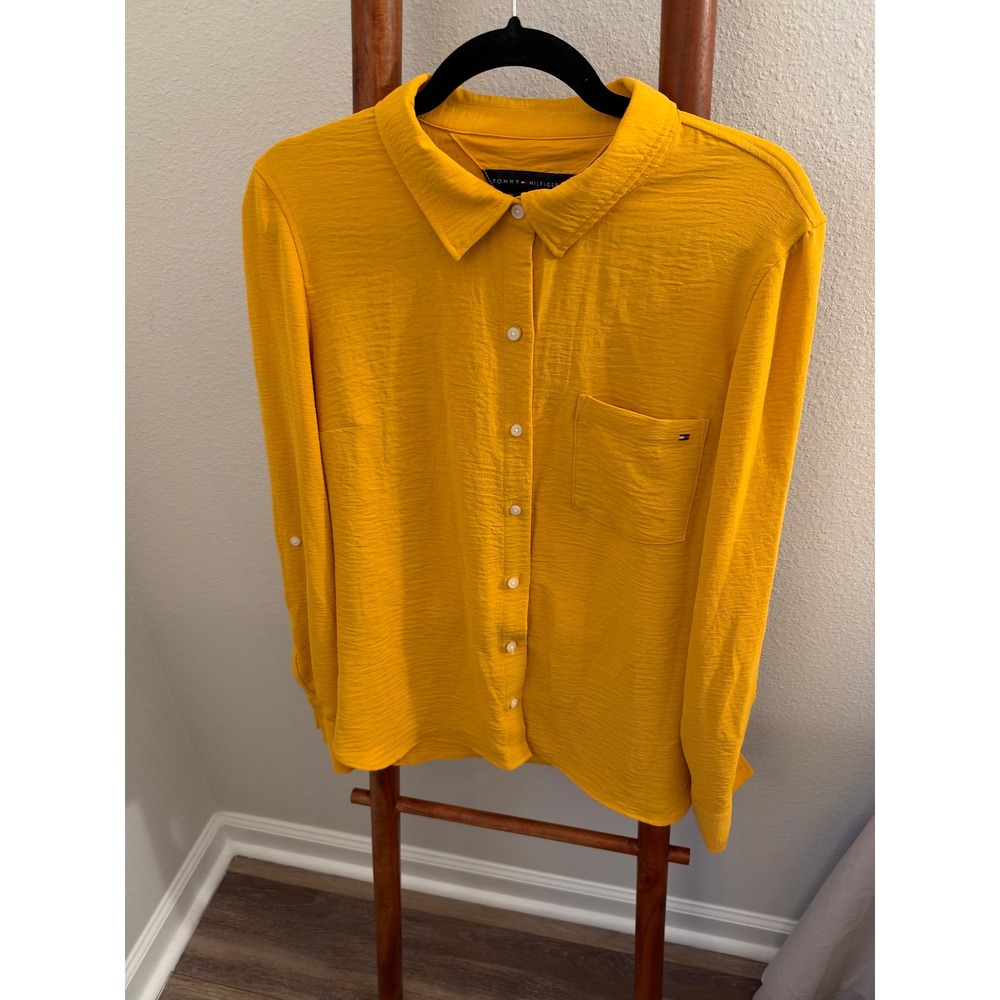 Tommy Hilfiger Womens Mustard Yellow Textured Button Down Shirt Large